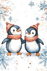 Fototapeta premium Charming winter scene featuring two adorable penguins in hats and scarves perfect for holiday themes and seasonal decor
