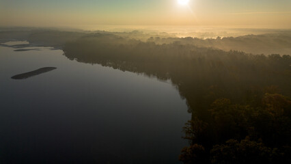Fototapeta premium Milickie Ponds at sunrise, bird's eye view, Lower Silesian Voivodeship, Poland