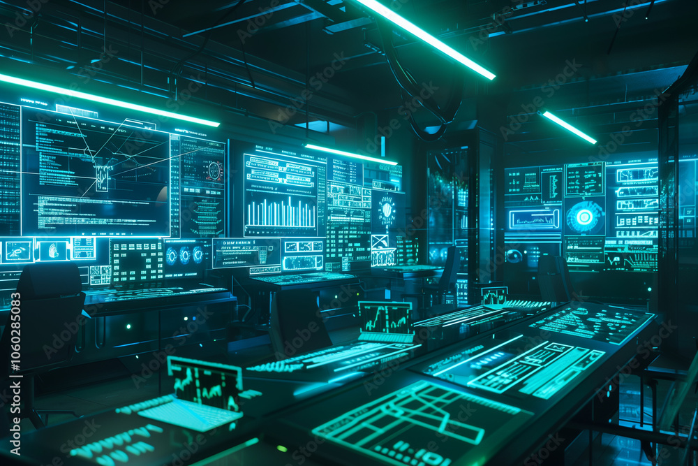 Poster futuristic blue and green virtual data display, showcasing floating lines of code and neon holograph
