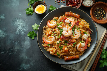 Char Kway Teow – Stir-Fried Flat Rice Noodles with Prawns, Chinese Sausage, and Egg Garnished with Fresh Chives