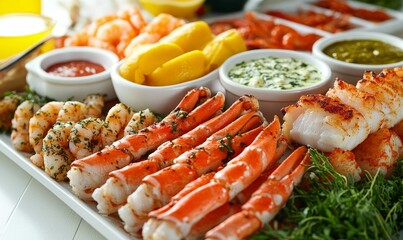 Seafood platter with various sauces and garnishes.