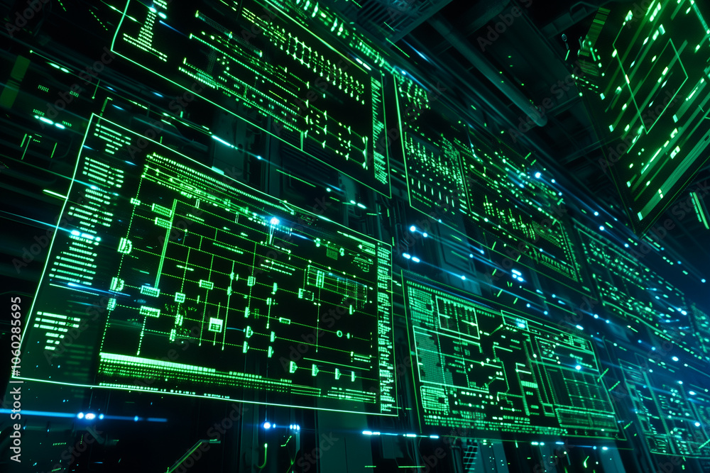 Poster futuristic blue and green virtual data display, showcasing floating lines of code and neon holograph