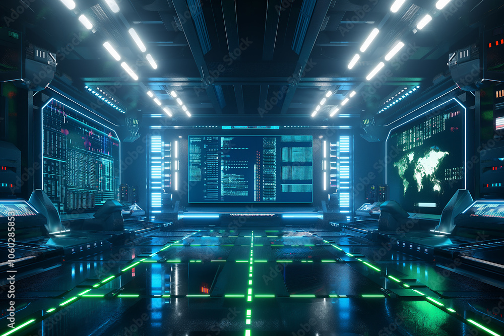 Poster futuristic blue and green virtual data display, showcasing floating lines of code and neon holograph