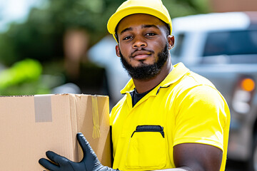 a young courier with cardboard box in professional stance