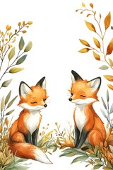 Fototapeta premium Charming illustrations of two playful foxes surrounded by lush foliage and autumnal colors perfect for nature lovers and art enthusiasts