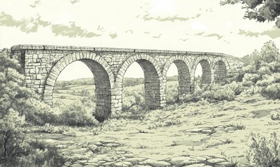Stone arch bridge over a grassy valley.