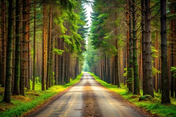 Obraz premium natural road through coniferous and deciduous forest background Macro