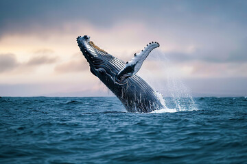 Naklejka premium Fantastically beautiful majestic huge whale in ocean