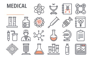Medicine and Healthcare web in line style. Medicine and Health services, accident coverage, surgery etc. Pixel perfect, editable stroke line icons set