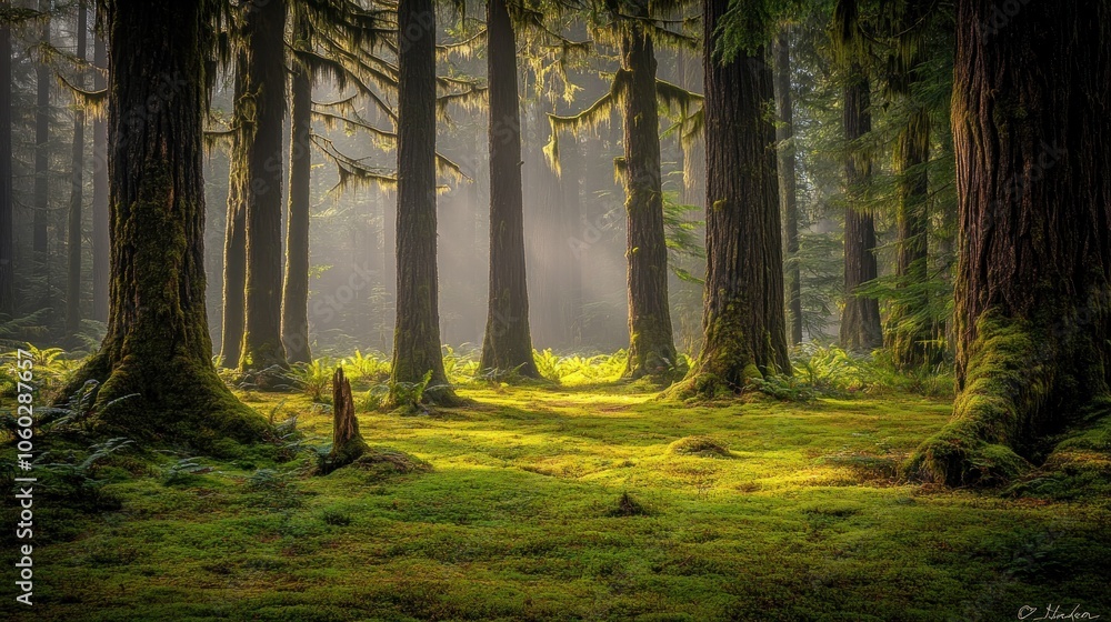 Poster sunlight beams through a misty forest, illuminating a path through a carpet of moss and ferns.