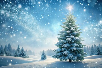 Obraz premium Pine tree in a winter wonderland scene with snowflakes gently falling around it, frosty atmosphere, frozen, snowfall