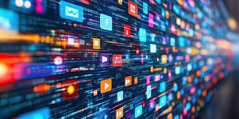 Digital media creates a colorful display. Media icons form a futuristic background. Technology enhances communication with innovative online apps. Modern interface highlights data and information.