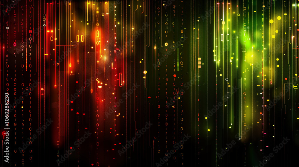 Poster tech-inspired background with luminous circuit patterns, flowing binary code, and pulsating digital 