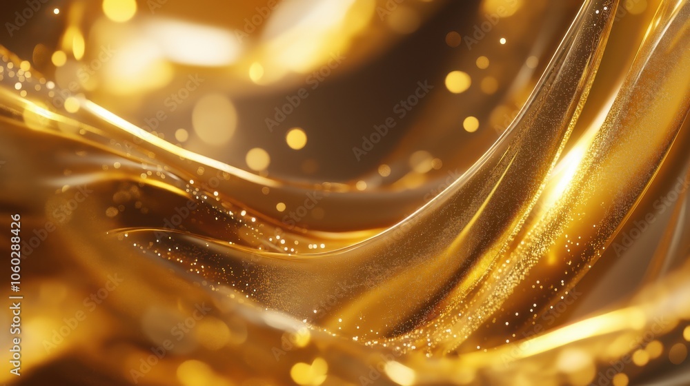 Poster swirling golden fabric with shimmering sparkles illuminated in soft light, creating a luxurious and 