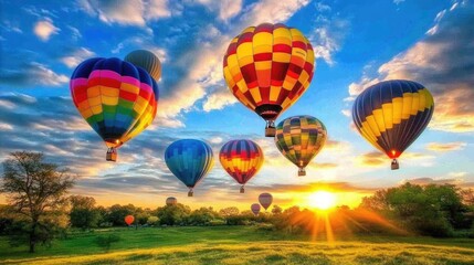 Fototapeta premium Colorful Hot Air Balloons Above Scenic Landscape