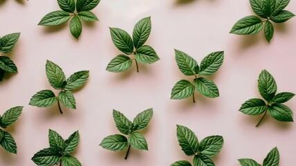 Green leaves arranged in a pattern on a pink background - Powered by Adobe