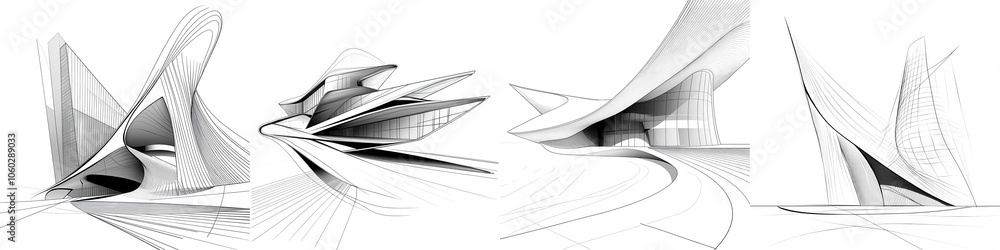 Poster abstract architectural designs in a minimalist style, emphasizing curves and lines against a clean b