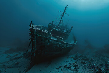 Fototapeta premium Underwater view of an sunken ship on seabed with fish swimming around