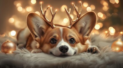 A festive corgi with golden antlers rests on a cozy blanket in front of a softly lit holiday background