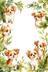Obraz premium Adorable watercolor portraits of playful puppies surrounded by lush greenery perfect for animal lovers and dog enthusiasts