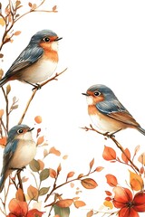 Fototapeta premium Three colorful birds perched among autumn leaves capturing the beauty of nature in vibrant detail