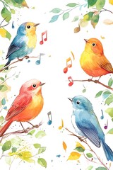 Fototapeta premium Charming birds singing melodies in nature - a colorful watercolor illustration of four delightful songbirds amongst lush greenery