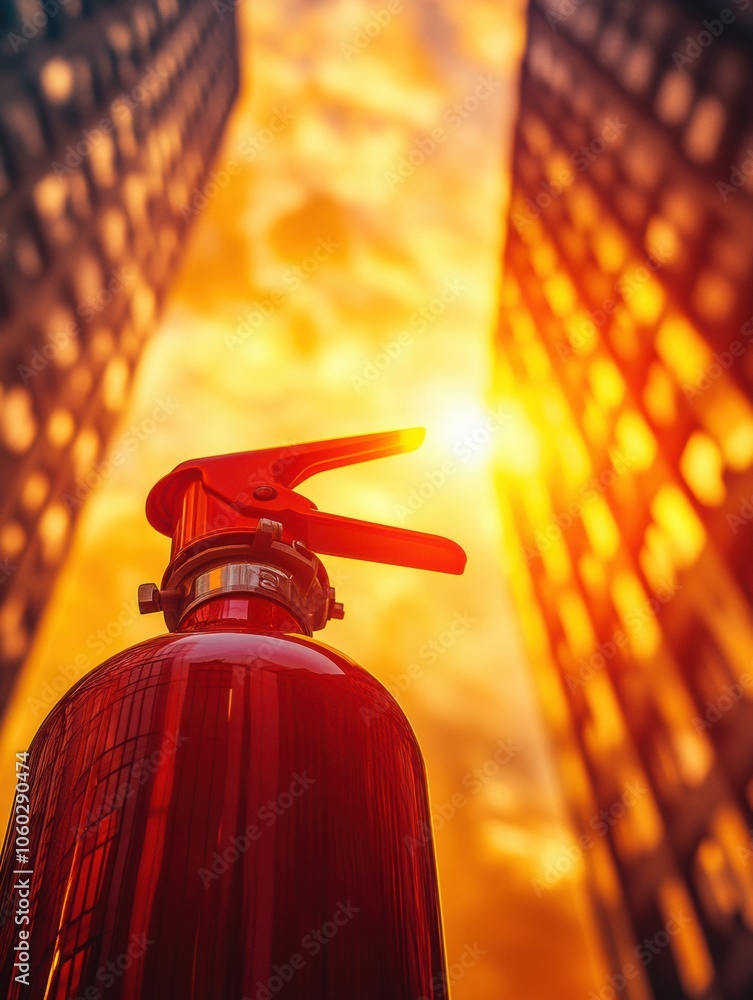 Poster the fire extinguisher captures attention as the sun sets behind towering buildings, creating a vivid