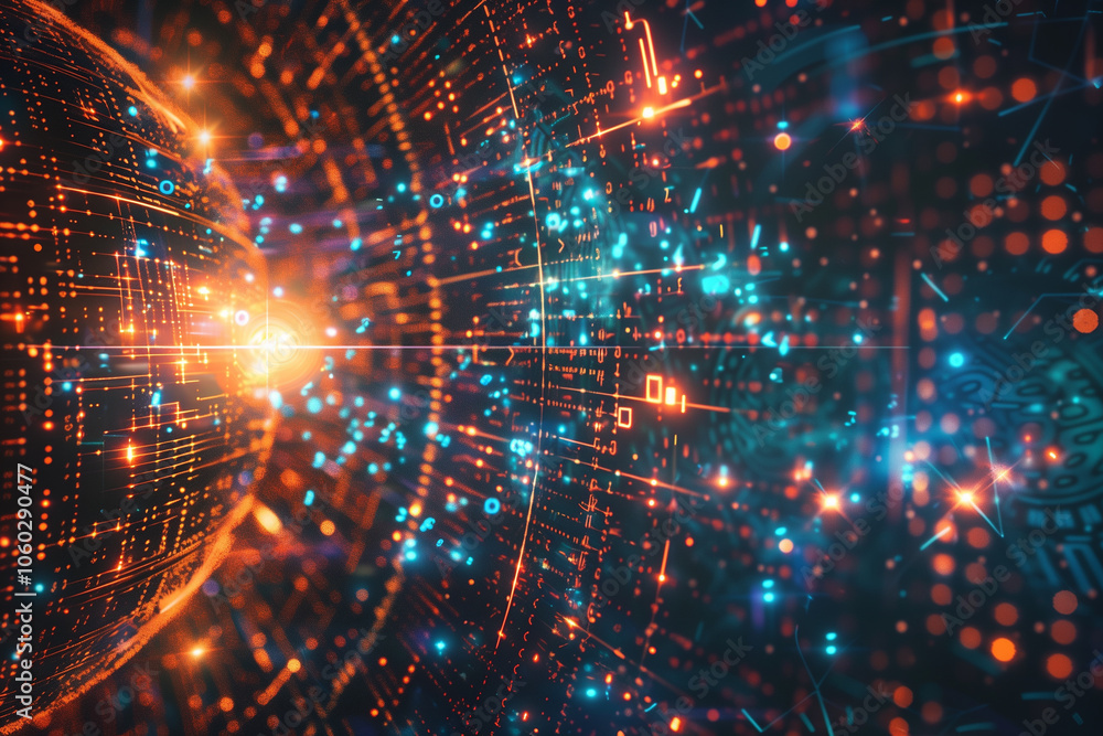 Poster tech-inspired background with luminous circuit patterns, flowing binary code, and pulsating digital 