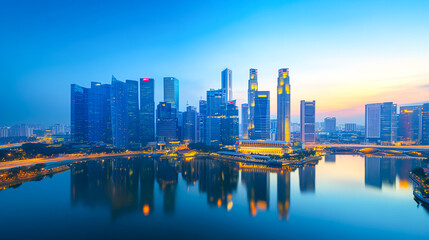 Vibrant City Skyline at Dusk with Reflections