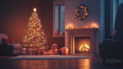 Cozy living room decorated for Christmas with a glowing tree, fireplace, and wrapped gifts in the evening light