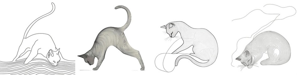 Illustration of playful cats in various playful poses on a white isolated background.