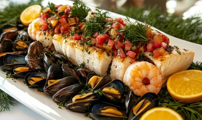 Seafood platter with grilled fish, mussels, and shrimp.