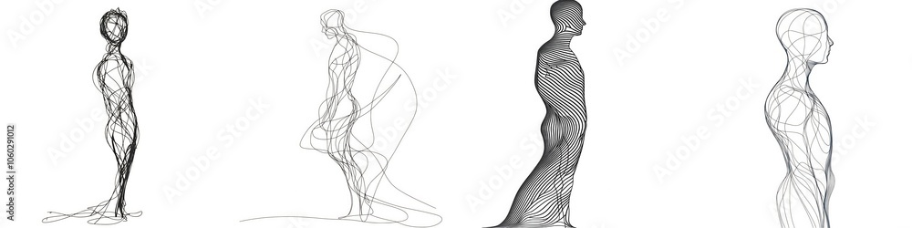 Poster silhouette figures in various poses outlined on a white background, capturing the essence of motion 