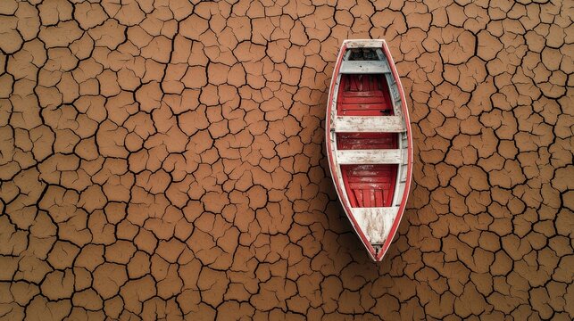 An abandoned boat sits on parched, cracked earth, highlighting the severity of drought conditions in the area. The barren landscape emphasizes the pressing environmental issue.