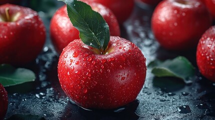 Close-up of red apples with water drops.
