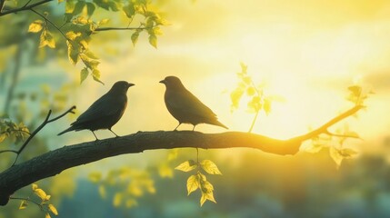 Obraz premium Two birds perched on a branch silhouetted against a golden sunset with green leaves.