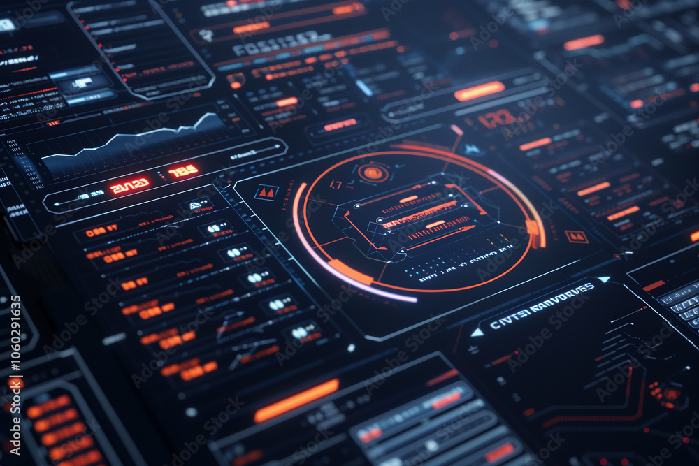 Poster virtual data display with transparent screens, streaming lines of code, and holographic hud elements