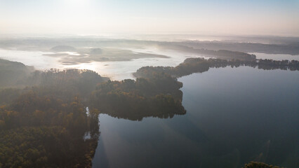 Milickie Ponds at sunrise, bird's eye view, Lower Silesian Voivodeship, Poland