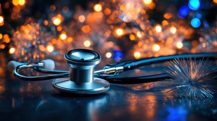 A stethoscope resting on a dark surface with colorful bokeh lights in the background during a festive evening celebration