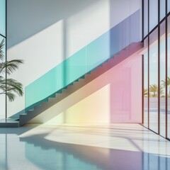 Obraz premium Minimalist interior with a staircase, colored glass reflections, and vibrant sunlight casting shadows across walls