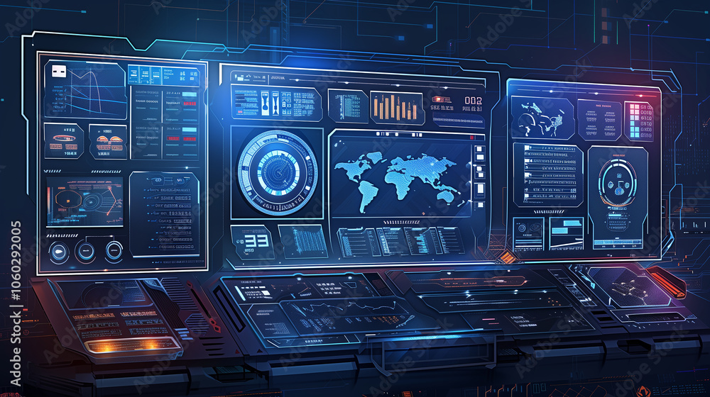 Poster virtual data display with transparent screens, streaming lines of code, and holographic hud elements