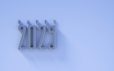 Happy new 2025 design element idea with simple, modern concept; 2025 text with golden edges on blue background, 3d rendering, 3d illustration