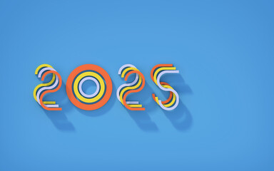 Happy new year 2025 simple creative design with colorful lines on blue background, 3d rendering, 3d illustration