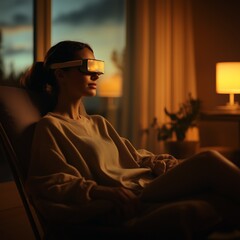 Obraz premium Girl in a cozy home environment using a virtual reality headset holding a smartphone surrounded by warm light and plants