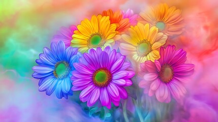 Fototapeta premium A vibrant bouquet of colorful flowers set against a dreamy, rainbow-hued background.