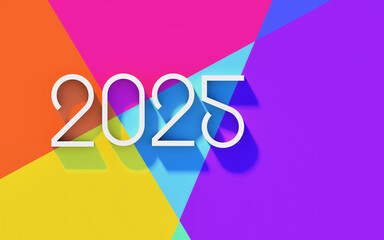 Happy new year 2025 design element idea with creative simple, modern concept; white 2025 on colorful geometric ornament background, 3d rendering, 3d illustration