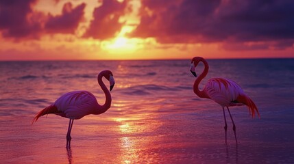 Naklejka premium Two pink flamingos stand in shallow water at sunset, their reflections visible on the surface. The sky is a vibrant mix of pink, orange, and purple.