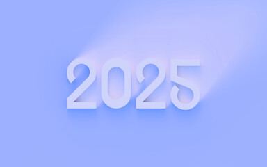 Happy new year 2025; subtle 2025 celebration text on light blue background; gentle pastel 2025 card text, 3d rendering, 3d illustration