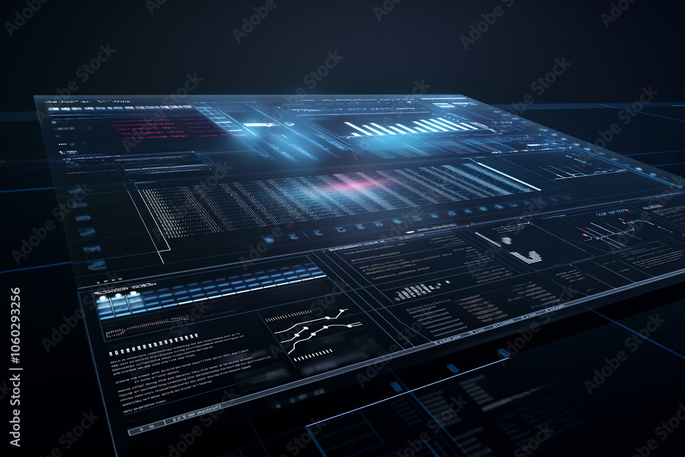 Poster virtual data display with transparent screens, streaming lines of code, and holographic hud elements