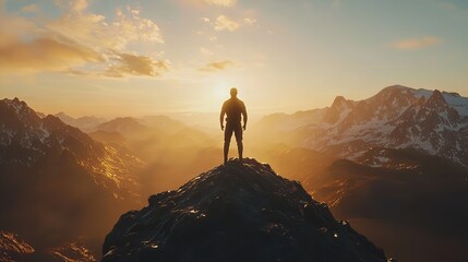 Silhouette of a Champion on Mountain Peak: Active Success